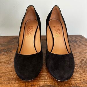 Salvatore Ferragamo Madia 2 Black Suede Block Heel Pumps | Size 10